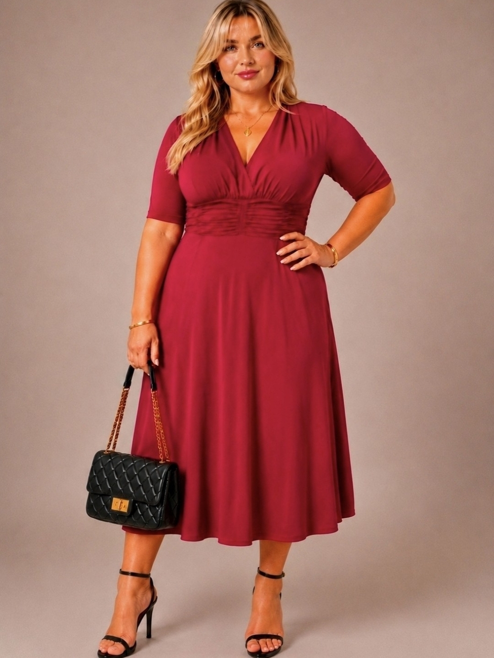 Evan-Picone | Elegant Y2K Modern Vintage Ruched Waist Red Midi Dress | Size 14